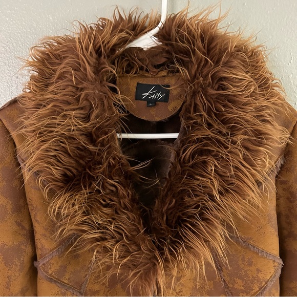 Kaity Brown Faux Fur Collar Vegan Leather Patchwork Coat Sz L Penny Lane Jacket - Picture 2 of 11